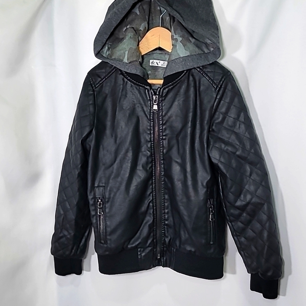 NWT DEX faux vegan leather jacket with Hood quilted lined warm camo lining